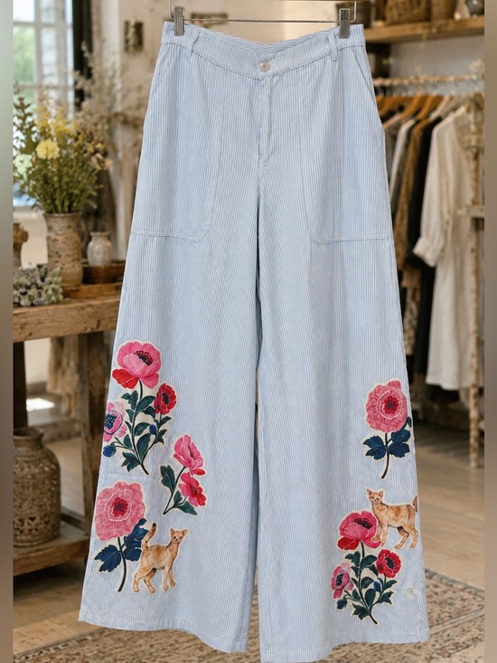 DAVI & DANI Pants - C39. DAVI & DANI Light Blue Wide-Leg Embroidered Floral & Cat Pants